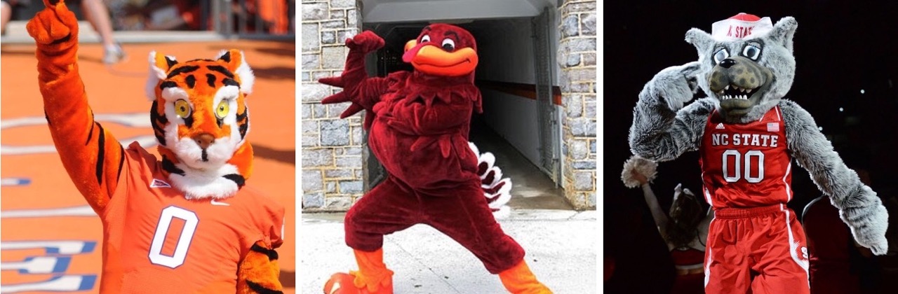 Mascot collage featuring the Tiger, Hokie Bird, and Wolfpack